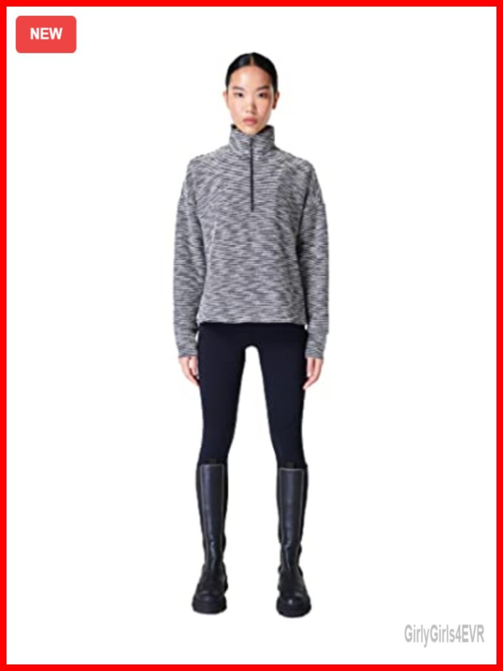 Boucle Half Zip Pullover Relaxed Boxy Fit Wide Collar Long Sleeve